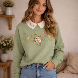 Morning Sun Top Stitch Embroidered Floral Sweater Peter Pan Collar Cottagecore M